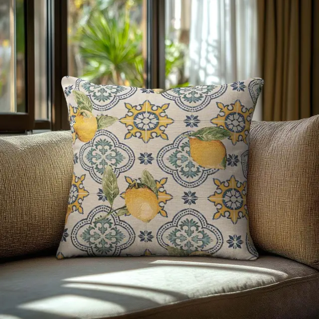 Beauty Home Μαξιλαροθήκη ΣΤΟΦΑ ΛΕΜΟΝΙΑ ΣΕ ΦΟΝΤΟ ΜΕ ΠΛΑΚΑΚΙΑ 45 x 45 cm