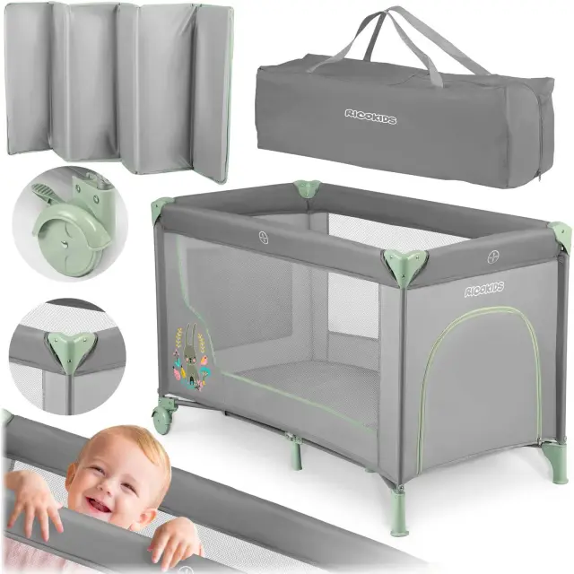 Ricokids Παρκοκρέβατο, γκρι-μέντα 125x65xcm