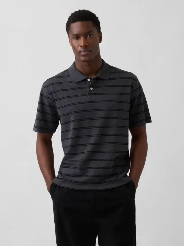 Ανδρική Polo Μπλούζα Πικέ Χαλαρής Γραμμής Charcoal grey & black stripe