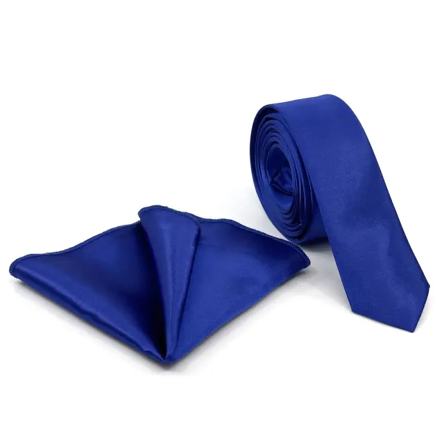 Μπλε Γραβάτα Σατέν Glossy Slim 4,5 cm με Ασορτί Μαντήλι 2