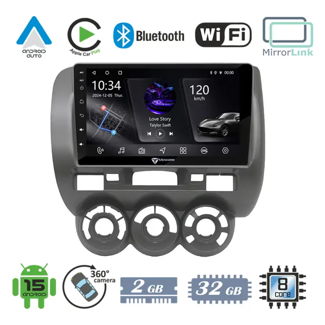 VenCore Οθόνη Multimedia Android 15 9" PX5S Octa-Core 2GB/32GB IPS με Πρόσοψη, CarPlay, Android Auto και Υποστήριξη Κάμερας 360° για Honda Jazz Manual A/C 2002-2008 – Γκρι (3236-10005-0589G)