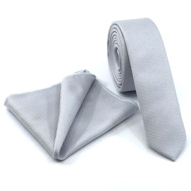 Γκρι Ασημί Oxford Γραβάτα Slim 4,5 cm Σετ με Μαντηλάκι