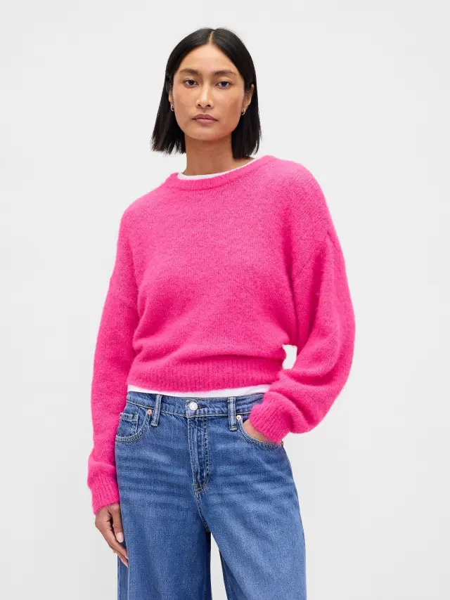 Fuzzy Oversized Πουλόβερ με Στρογγυλή Λαιμόκοψη Standout pink