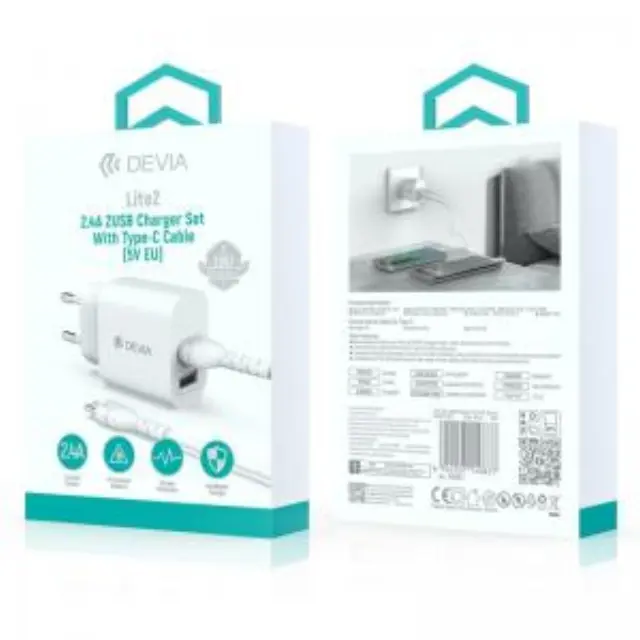 Φορτιστής Ταξιδίου Devia RLC-342 με Διπλή Έξοδο 2xUSB A 12W & Καλώδιο USB A σε USB C 1m Lite2 Λευκό N69933 2