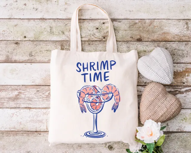 Τσάντα πάνινη υφασμάτινη εκρού με σχέδιο SHRIMP TIME διαστάσεις: 38x40cm μαζί με τα χερούλια 38x70cm