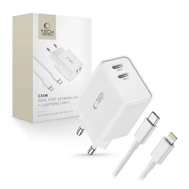 Tech-Protect Φορτιστής C35W 2x USB-C PD 35W with USB-C to Lightning Cable White