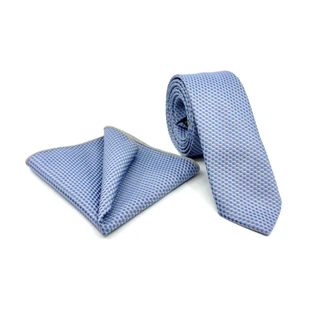 Μπλε–Χρυσαφί Γεωμετρική Γραβάτα Microfiber Σετ με Μαντήλι 6,5 cm