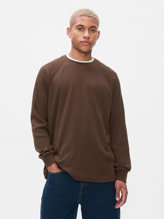 Καφέ Waffle-Knit Raglan Μπλούζα Woodsy brown - L