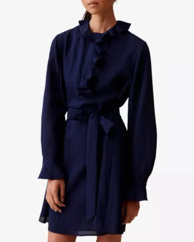Claudie Pierlot Γυναικείο Ριγέ Φόρεμα Navy με Βολάν & Ζώνη - S 2