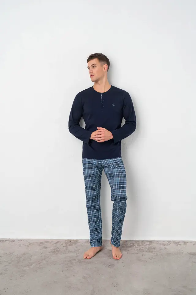 Uomo Di Vamp Ανδρική Πυτζάμα Με Κουμπιά Μπλε/Καρό +Plus Sizes - 4XL