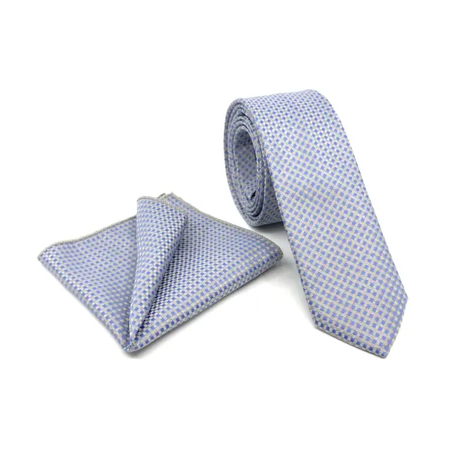 Σιέλ–Χρυσαφί Γραβάτα Μικρό Καρό Microfiber Σετ με Μαντήλι 6,5 cm