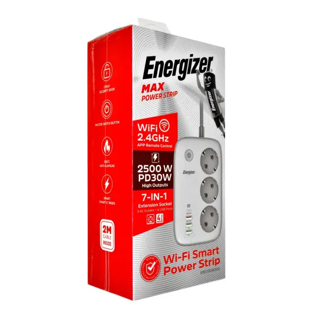 Επιτραπέζιος Φορτιστής Energizer EPB2500W02EU 2500W 10A Max με 3xΣούκο + 1xUSB-C + 3xUSB-A / 2.4A, Διακόπτη Ασφαλείας On/Off, Έλεγχο μέσω WiFi, Καλώδιο 2m Λευκός 2