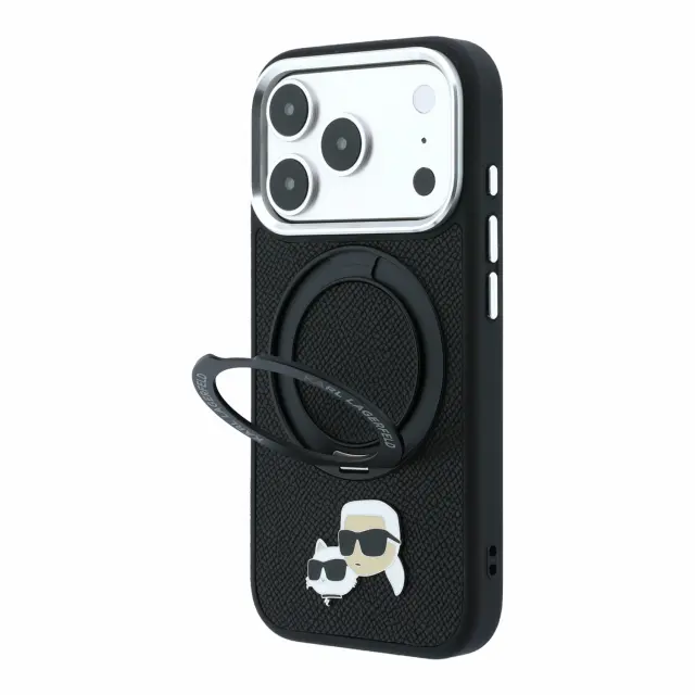 Karl Lagerfeld PU Grained K&CH Heads Ring Stand Magsafe Case for iPhone 18 Pro Max Black 2