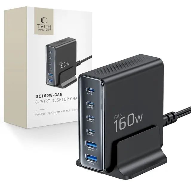 Tech-protect Dc160w-gan 6-port Desktop Charger Pd 160w / Qc3.0 Black