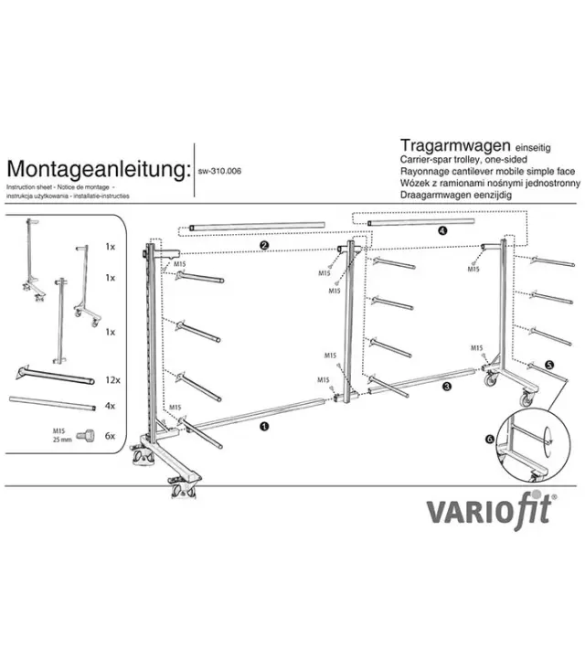 Variofit sw-310.006 Τρόλεϊ Επιμηκών Αντικειμένων με Βραχίονες για Φορτίο Βάρους ως 400kg 2