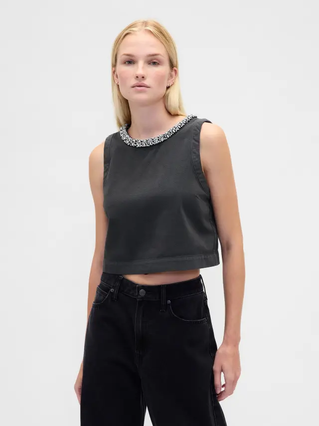 Jewel-Neck Shell Αμάνικο Τοπ Black wash