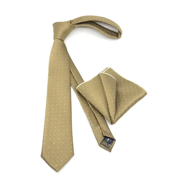 Μπεζ–Χρυσαφί Πουά Γραβάτα Microfiber Σετ με Μαντήλι 6,5 cm 3