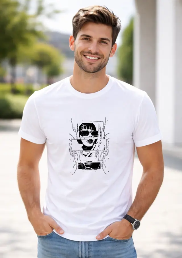 T-shirt Noshame® Λευκό με τύπωμα Girl with Glasses - 122508 - XXL