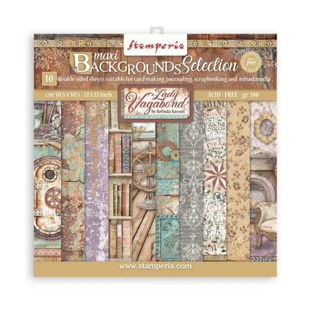 Χαρτιά scrapbooking Stamperia 10τεμ, 30.5x30.5cm, Maxi Background selection, Lady Vagabond Lifestyle