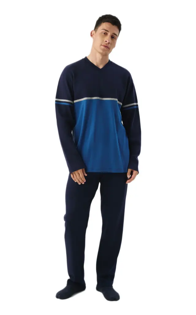 Minerva ανδρική χειμερινή πυζάμα Color Block V Neck Punto Di Roma 90-71487-695-1