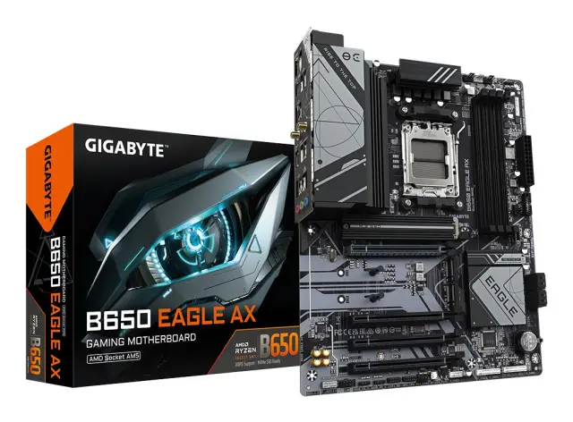 GIGABYTE B650 EAGLE AX Motherboard - AMD Ryzen 9000 Series CPUs, 1222 Phases VRM, up to 7600MHz DDR5 (OC), 1xPCIe 5.0 2xPCIe 4.0 M.2, GbE LAN, WIFI 6E, USB 3.2 Gen 2