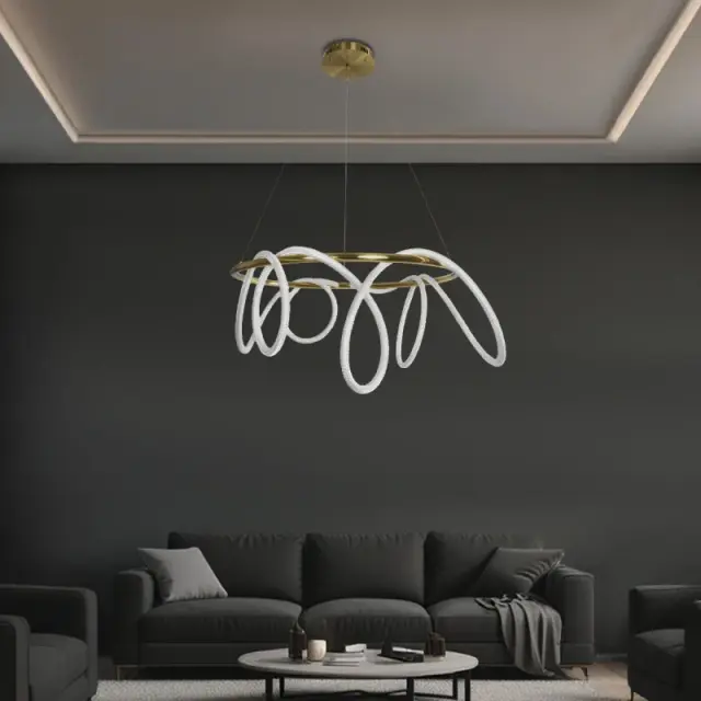 LED Κρεμαστό Φωτιστικό Οροφής GLOW 69Watt CCT με Χειριστήριο σε Χρυσό Πλατίνα και Λευκό Νήμα KLV-101-0164 2