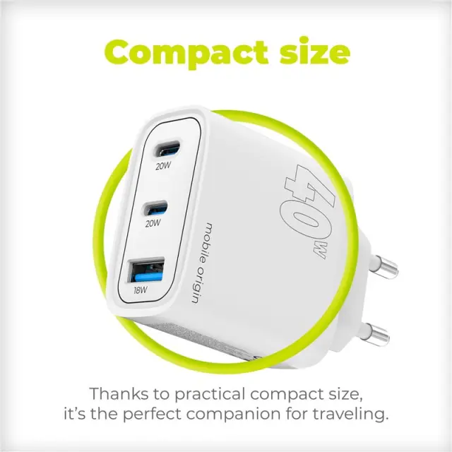 Mobile Origin GaN 40W Wall Charger MO13, 1 USB-A + 2 USB-C 3