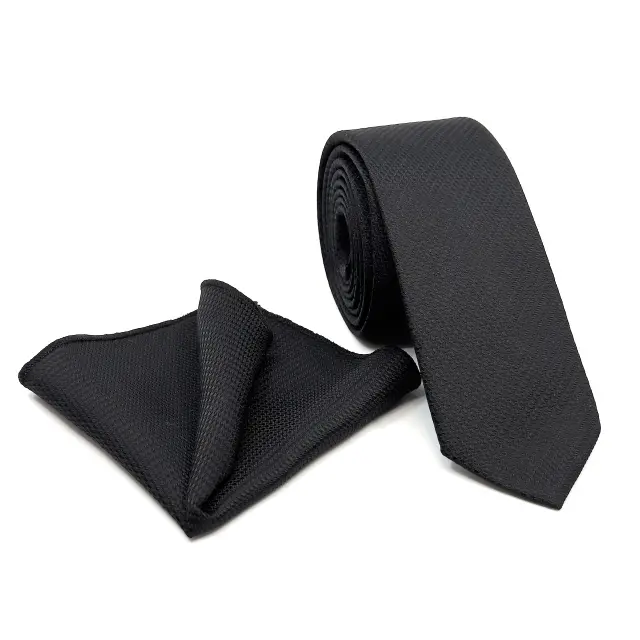 Μαύρη Ζακάρ Γραβάτα Microfiber Σετ με Μαντηλάκι
