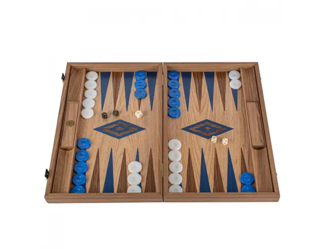 Σετ Χειροποίητο Τάβλι Classic Oak/Blue & American Walnut Manopoulos με υποδοχές για πούλια και διαστάσεις 48x30cmBKD1BLU