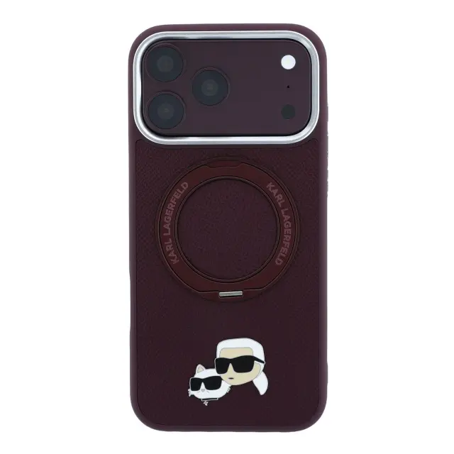 Karl Lagerfeld PU Grained K&CH Heads Ring Stand Magsafe Case for iPhone 18 Pro Max Burgundy 3