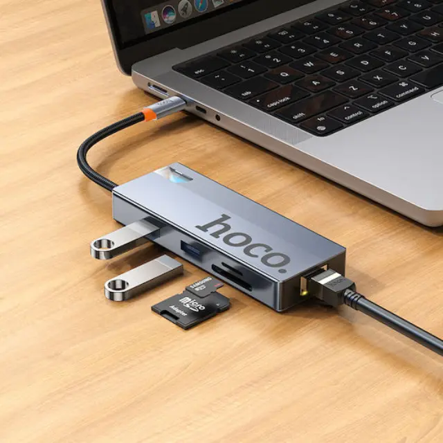 Hub USB-C Hoco HB52 Wow 8-in-1 με HDTV + RJ45 + SD/TF+ PD + Type-C 3.0 + 2x USB 3.0 Γκρι 18cm 2