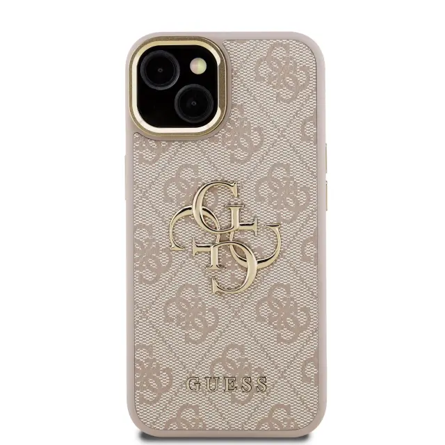Guess PU 4G Metal Logo Stand Camera Frame Case for iPhone 15 Pink 3