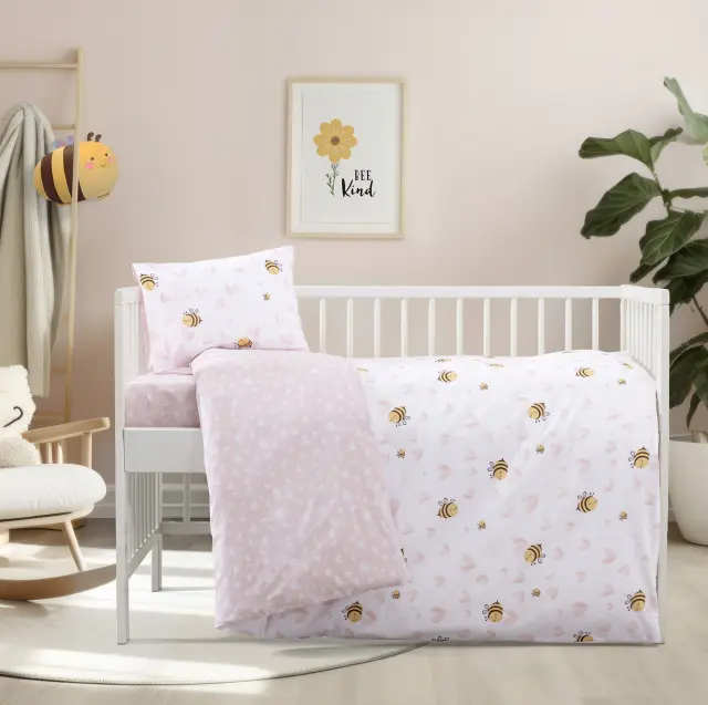 Κουβερλί Κούνιας 110x150 Kocoon Bee Love Ροζ-Λευκό 100% βαμβακερό