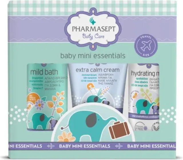 Pharmasept Baby Care Mini Essentials Σετ Περιποίησης Βρέφους με Baby Care Mild Bath Απαλό Βρεφικό Αφρόλουτρο για Σώμα + Μαλλιά, 100ml, Extra Calm Cream Αδιάβροχη Κρέμα Αλλαγής Πάνας, 40ml + Hydrating Milk Ενυδατικό Γαλάκτωμα για Σώμα + Πρόσωπο, 40ml, 1σετ