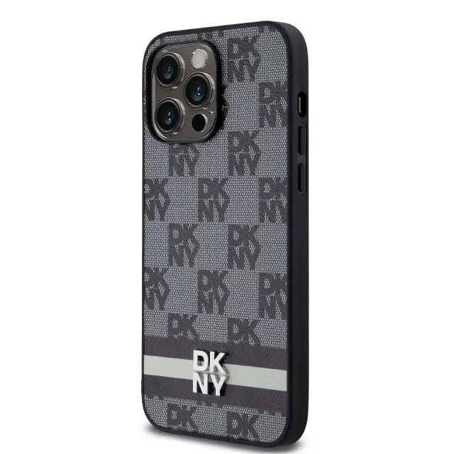 DKNY PU Leather Checkered Pattern and Stripe Case for iPhone 15 Pro Max Black 3