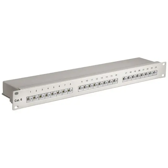 Patch panel κατηγορίας CAT 6 STP, 24 θυρών σε γκρι χρώμα.
