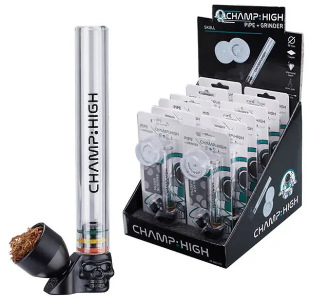 Champ Πιπάκι Γυάλινο 9,5 cm Skull 45° με Δώρο Τριφτη Καπνού Grinder 30mm 3