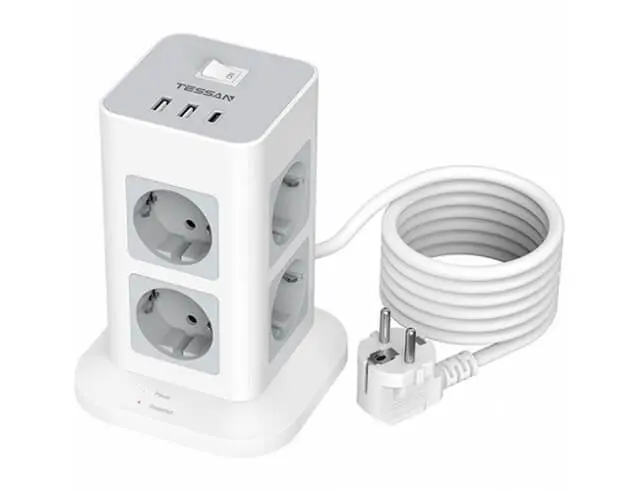 Πολύπριζο Tessan 11-σε-1 Tower Surge Protector (TPS03-DE-C) - 8xSchuko, 2xUSB, Type-C, καλώδιο 2mTPS03-DE-C