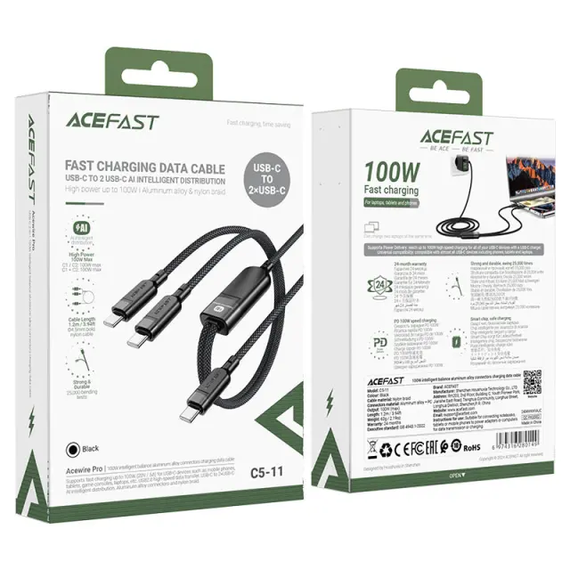 Καλώδιο Σύνδεσης Acefast C5-11 Μεταλλικό USB-C σε 2xUSB-C PD100W 20V/5A Braided Μαύρο 1.2m 2