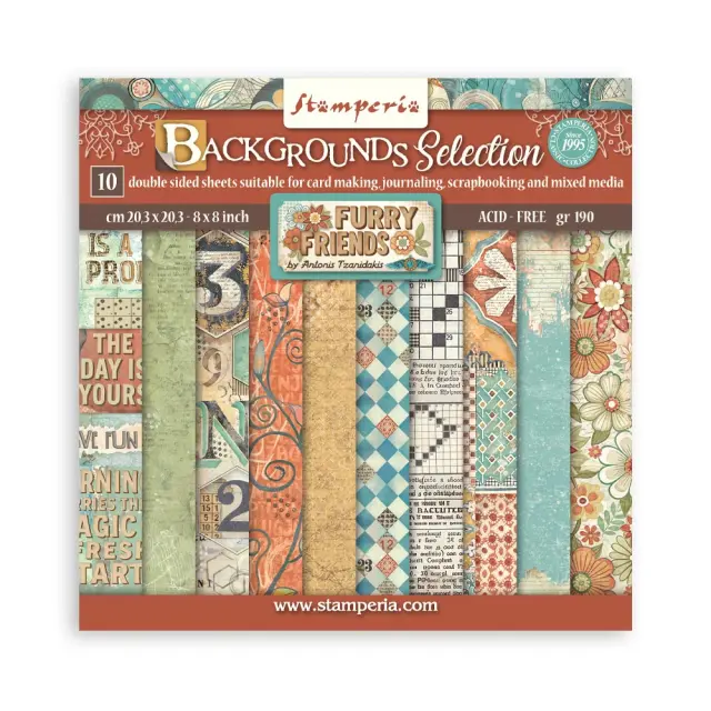 Χαρτιά scrapbooking 10τεμ, 20.3×20.3cm Stamperia, Furry Friends Backgrounds