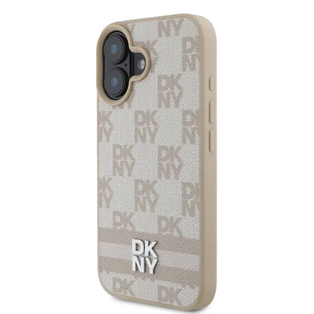 DKNY PU Leather Checkered Pattern and Stripe Case for iPhone 16 Pink 3