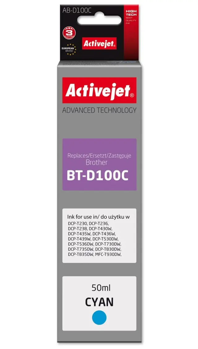 Activejet AB-D100C Ink cartridge for Brother printers, replacement for Brother BT-D100C; Supreme; 50 ml; cyan