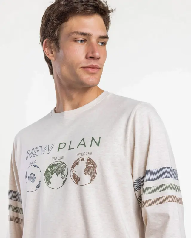 ADMAS NEW PLAN Ανδρική Μπεζ Πιτζάμα με Μακρυμάνικο Planetary 3