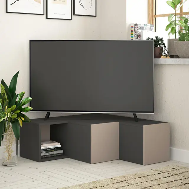 Έπιπλο τηλεόρασης γωνιακό Compact Megapap χρώμα ανθρακί - ανοιχτή μόκα 94,2x90,6x31,4εκ.