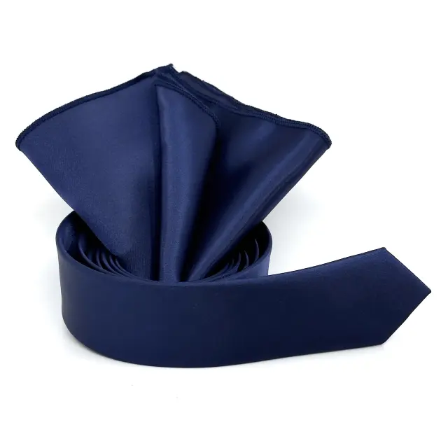 Μπλε Γραβάτα Σατέν Glossy Slim 4,5 cm με Ασορτί Μαντήλι