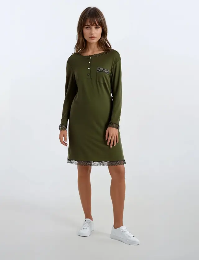 W907_1 - Oil Green - NIGHTGOWN BLACK FLOWERS 2
