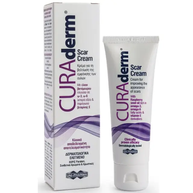 Uni-Pharma Curaderm Scar Cream Κρέμα Για Την Βελτίωση Της Εμφάνισης Των Ουλών, 50ml
