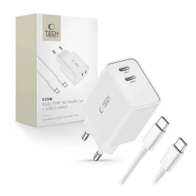 Tech-Protect Φορτιστής C35W 2x USB-C PD 35W with USB-C Cable White