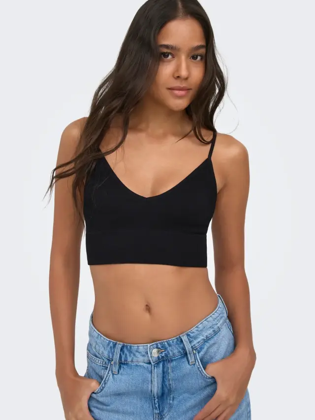 ONLY ONLVICKY Rib Seamless Τοπ με V-Λαιμόκοψη NOOS Μαύρο