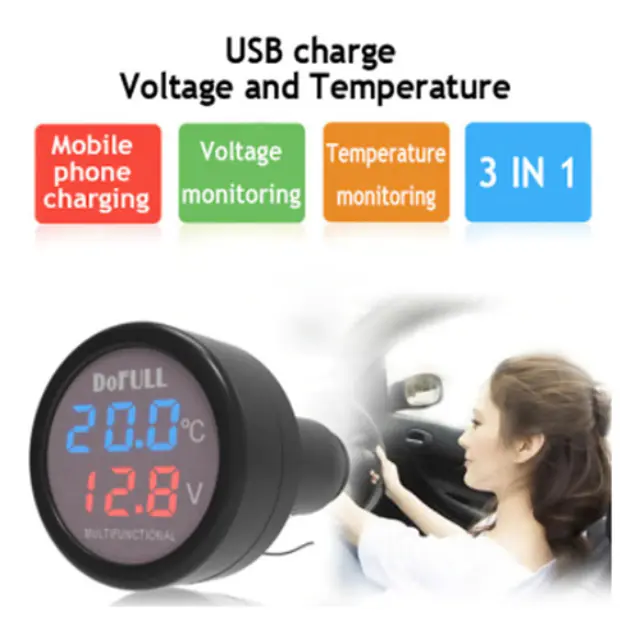 DoFull Ψηφιακό Βολτόμετρο / Θερμόμετρο / USB Αυτοκινήτου 03004DFL50BK JG-020